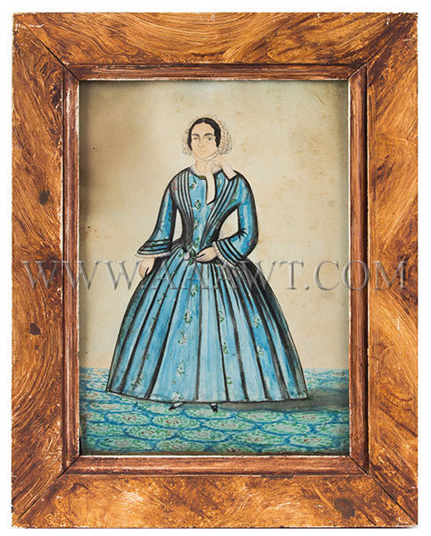 Folk Portrait, Watercolor, Woman Wearing Bonnet and Blue Dress
Anonymous
19th Century, entire view